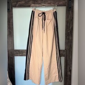 Beige Wide-Leg Pants with Black Stripes